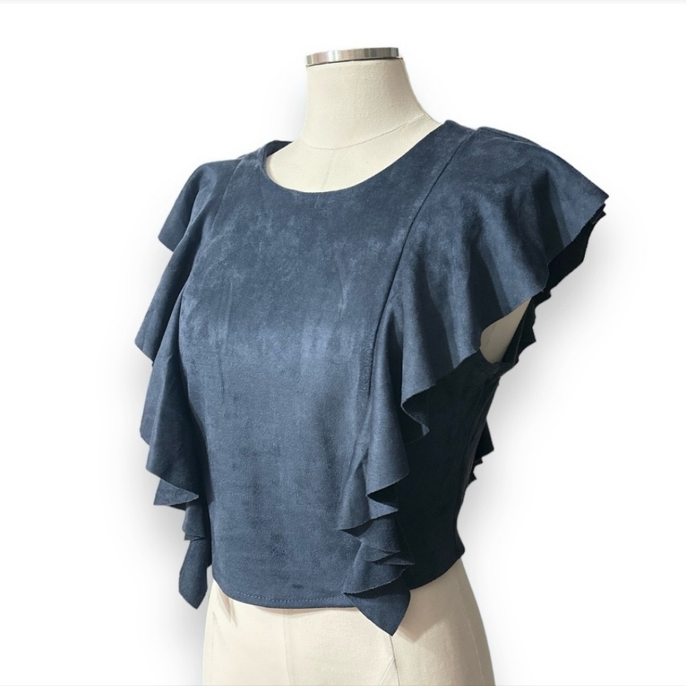 SHE & SKY Blue Sueded Ruffle Crop Top NWT!